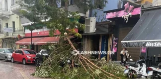 Ισχυρή βροχόπτωση στα Χανιά – Σπασμένα κλαδιά στους δρόμους, αποκολλήθηκε λαμαρίνα στο κέντρο της πόλης