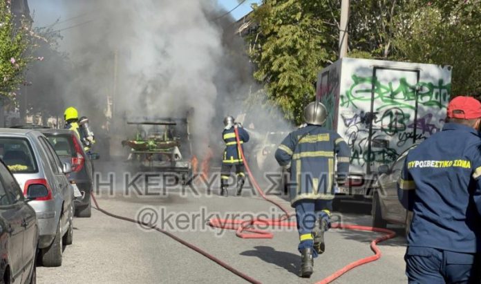 Κέρκυρα: Στις φλόγες απορριμματοφόρο – Σώοι οδηγός και συνοδηγός