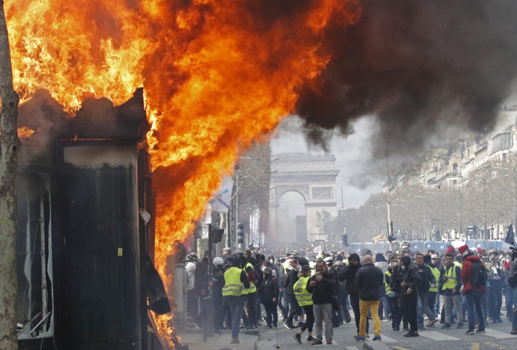 Burning newsagent's is seen during a demonstration by the "yellow vests" in Paris